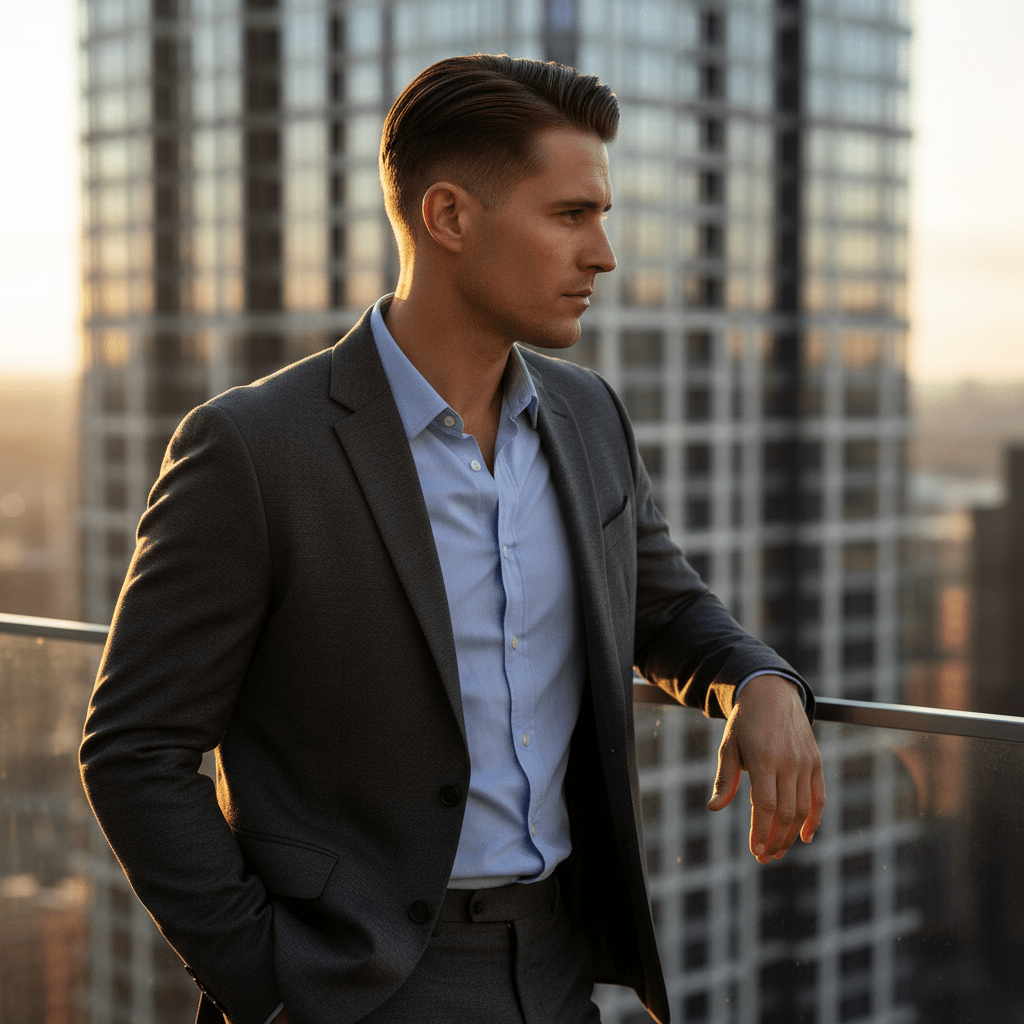 Man with disconnected Ivy League haircut on city balcony during golden hour.