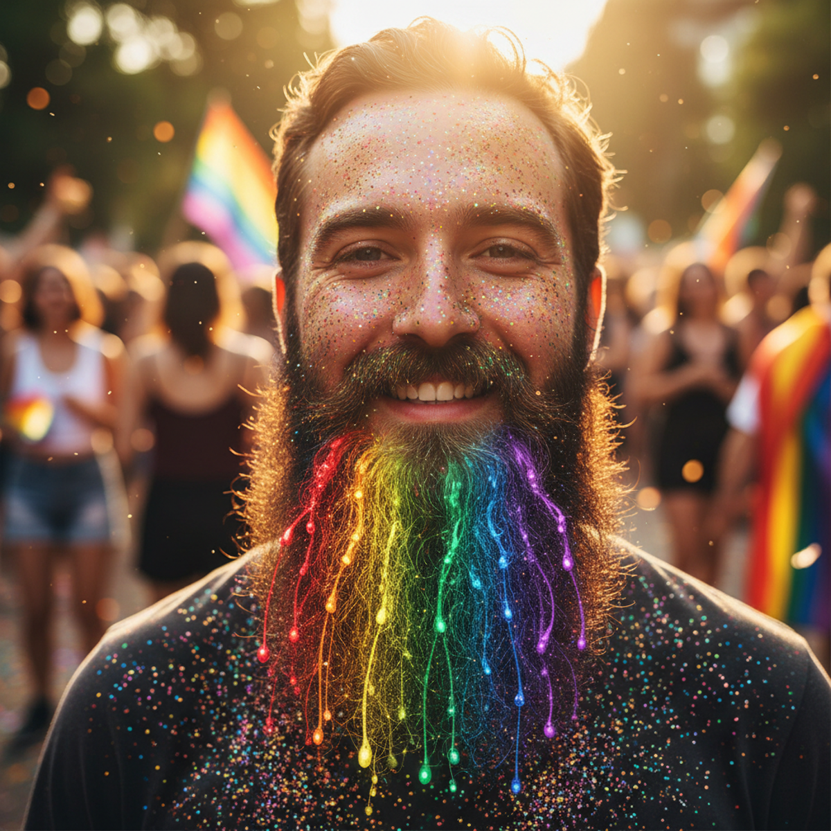 Person with a vibrant rainbow glitter beard cascading like a waterfall during golden hour.
