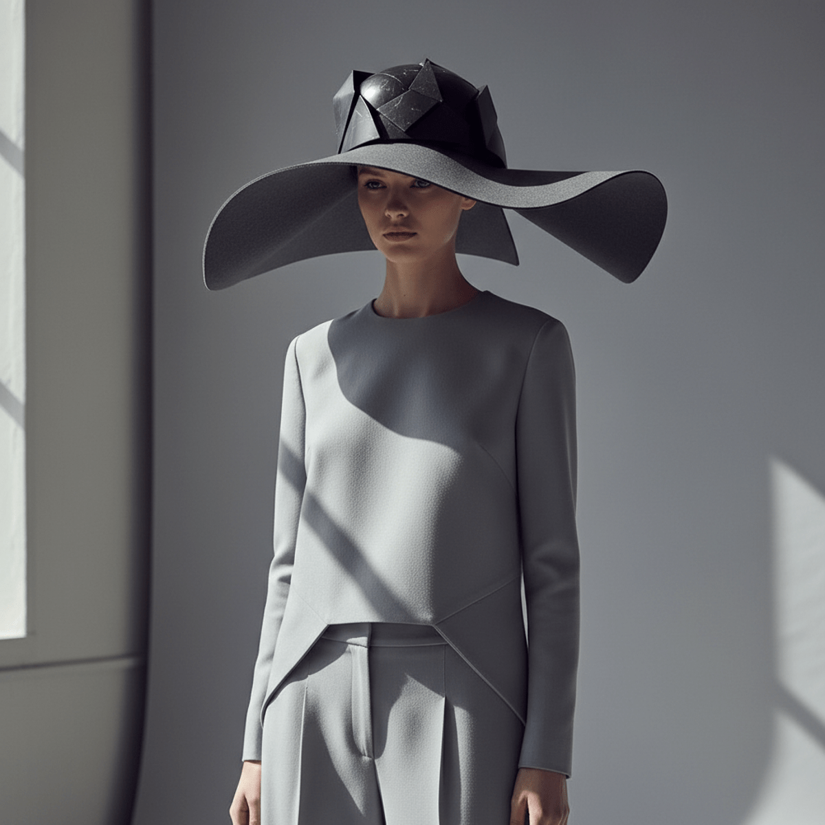 Sculptural womens cap with asymmetrical brim and deconstructed paneling in bonded cotton.