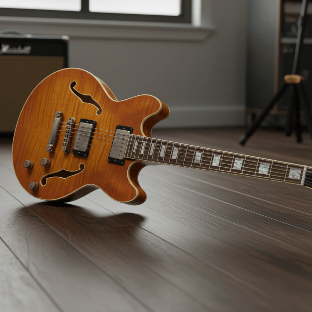 Semi-hollow baritone guitar with flamed maple top on a dark walnut studio floor.