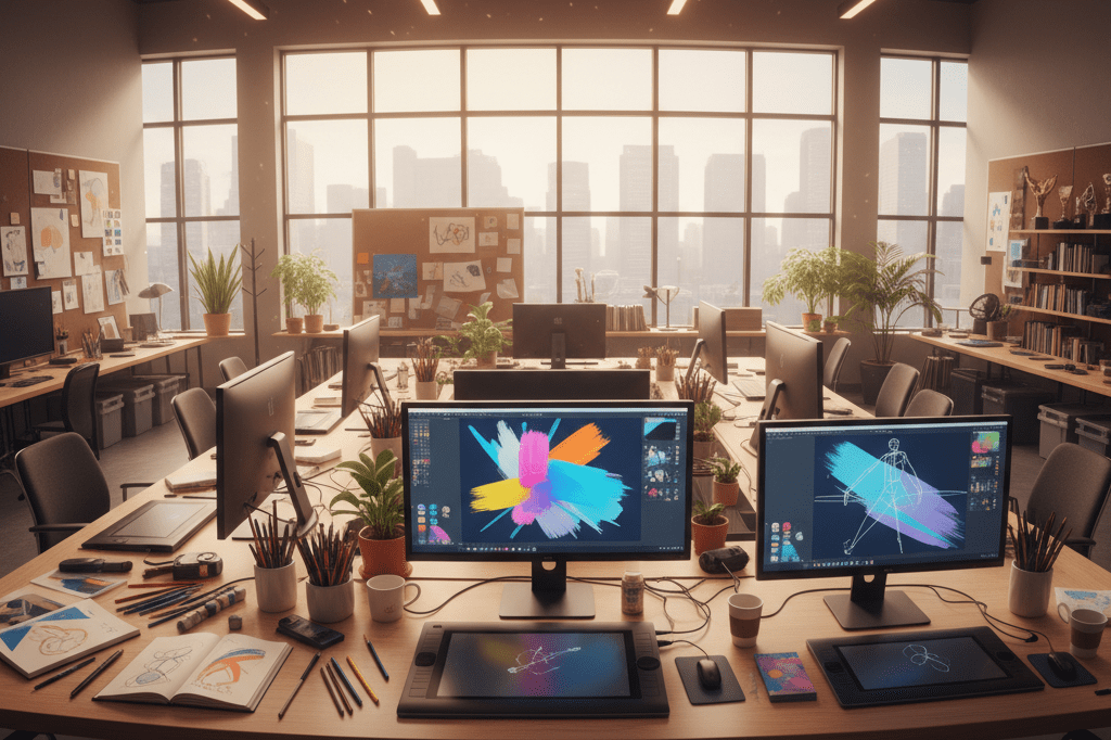 Wide shot of an animation studio workspace with creative tools under warm ambient light, reflecting innovation