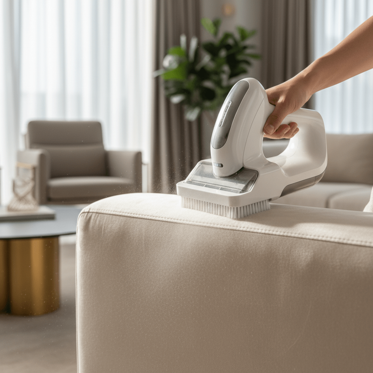 Handheld cleaner on luxurious silk sofa Handheld cleaner with soft brush head cleaning a cream silk sofa.