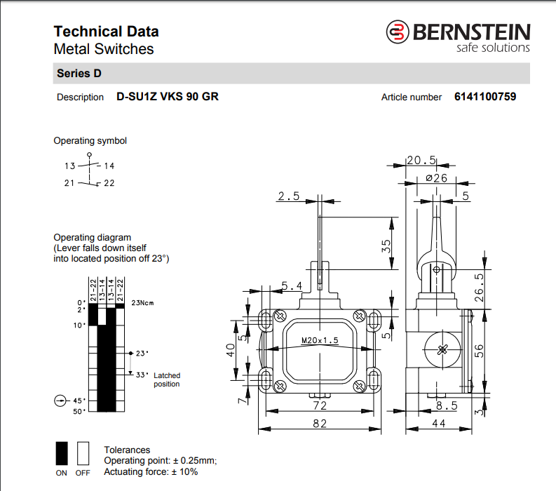 BERNSTEIN Limit Switch D-SU1Z VKS 90 GR 614.1100.759 IP65
