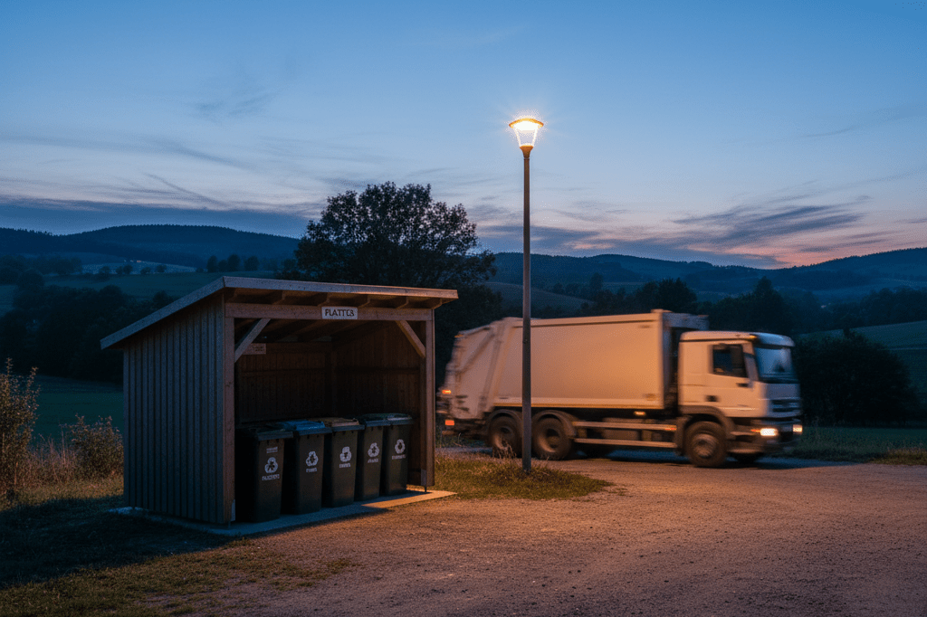 Warmly lit rural waste collection station with recycling bins and a parked truck under a wooden shelter at dusk