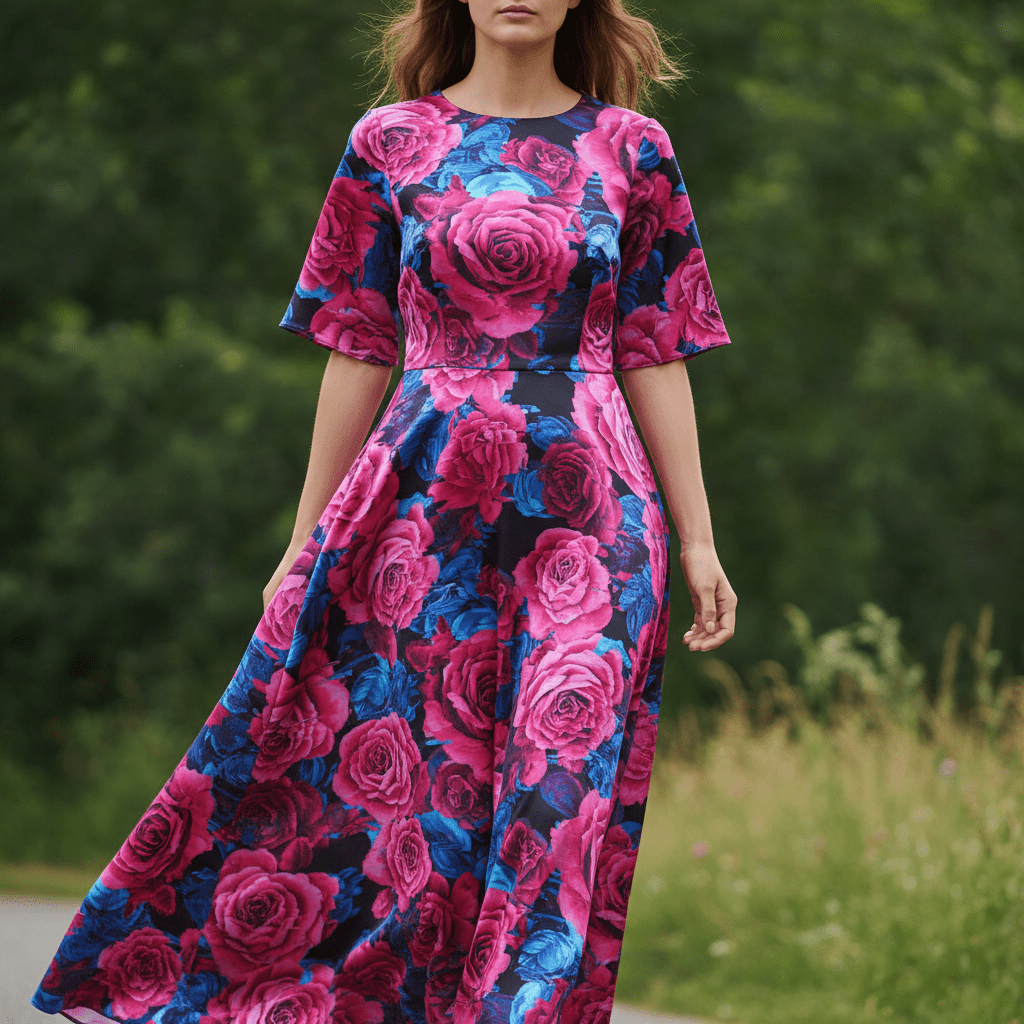 Flowing maxi dress with sharp AI floral prints and glitched rose motifs.