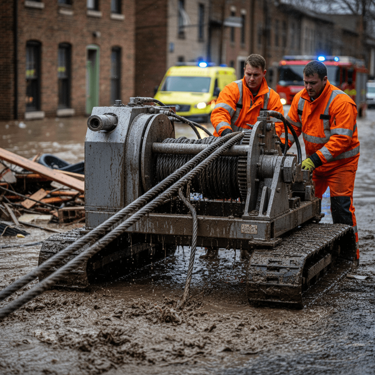 Hydraulic winch clearing debris from a flooded street with first responders guiding steel cables.