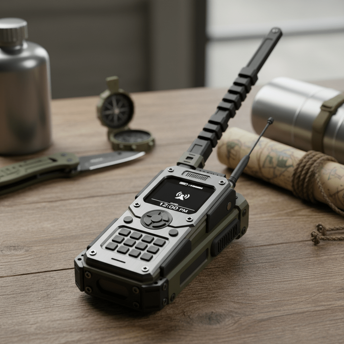 Rugged military-inspired retro phone with matte black and olive drab finish.