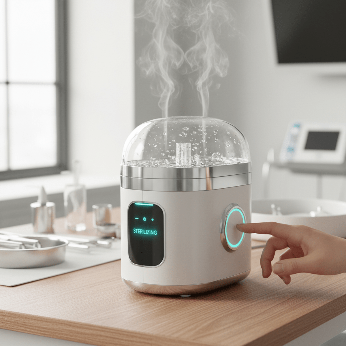 Portable nebulizer in a bright clinic, undergoing a water flush cleaning cycle with steam.