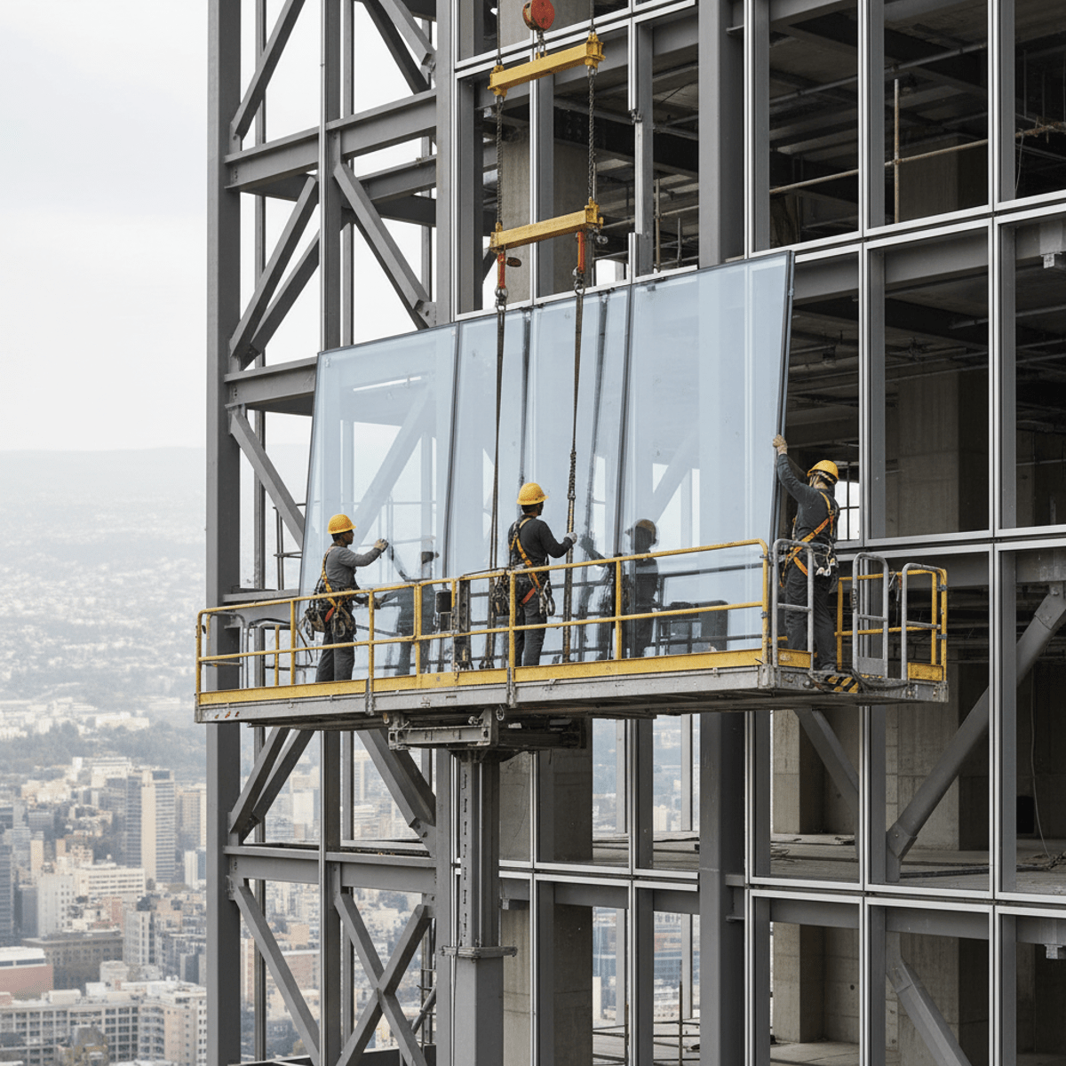 Workers install large architectural glass panel using a ladder hoist on a high-rise.