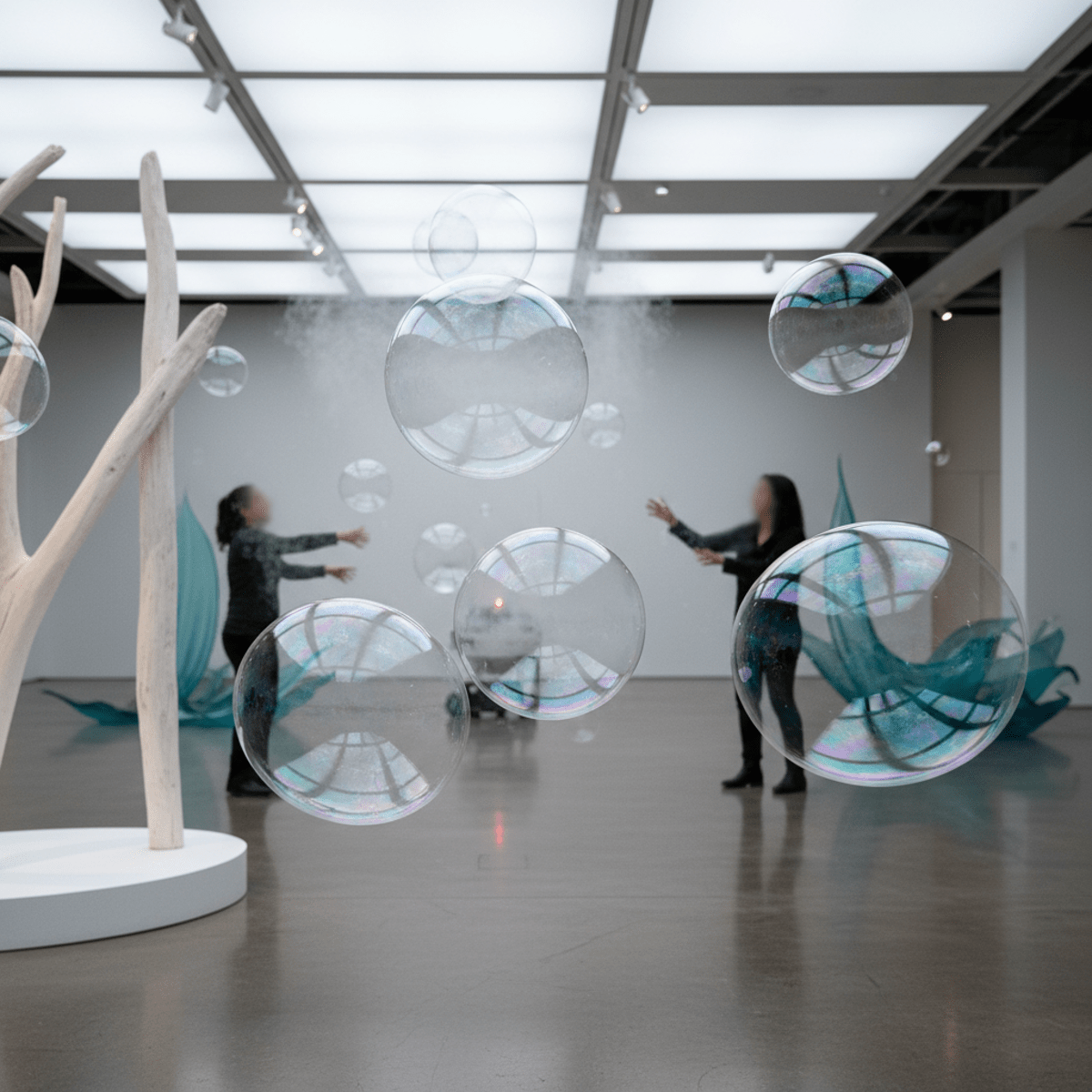 Contemporary ocean art with iridescent bubbles and coastal sculptures under gallery lighting.