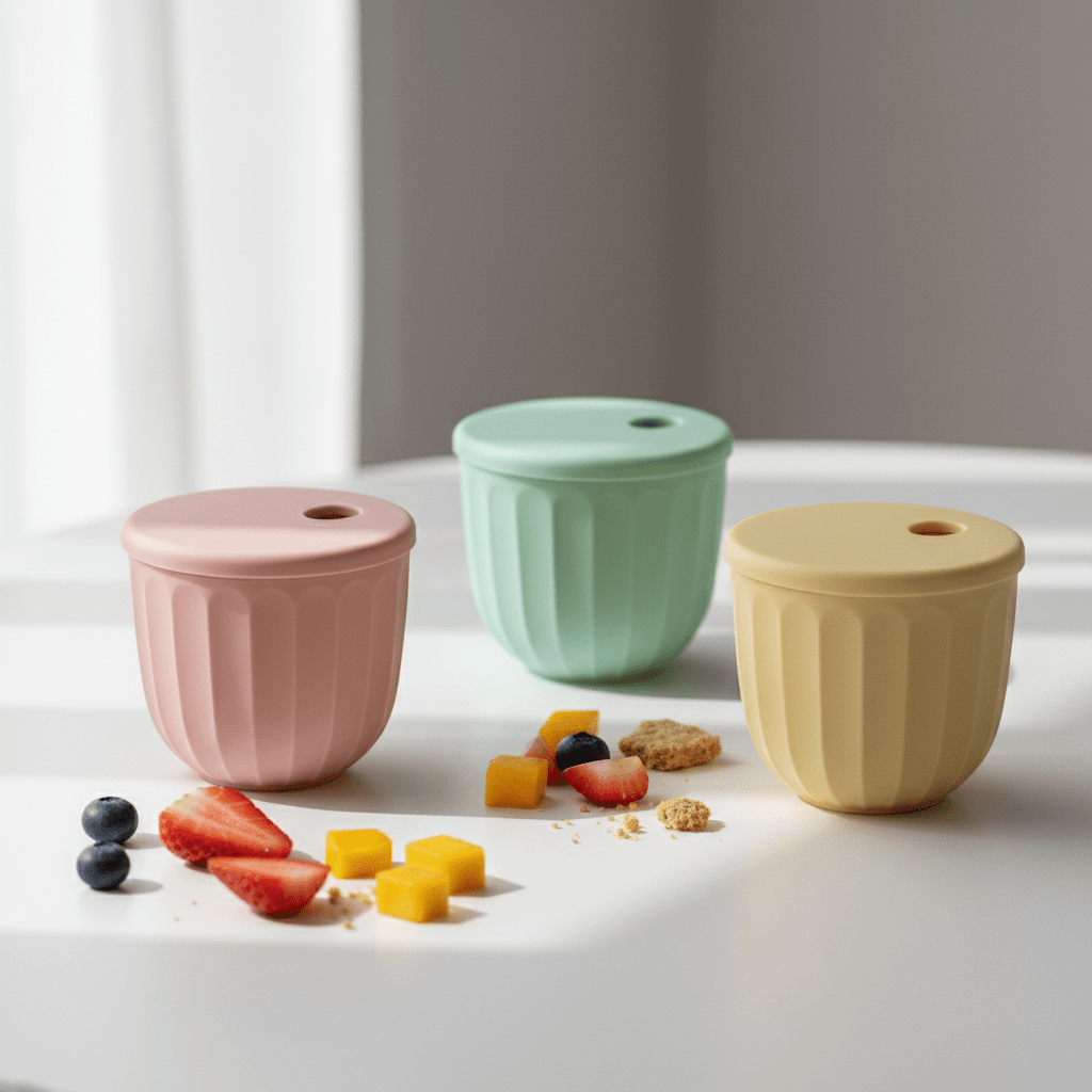Modern pastel silicone snack cups with ribbed and fluted patterns on a white table.