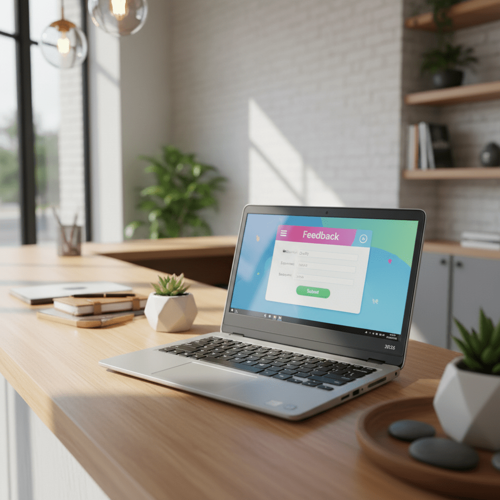 Budget laptop displays a vivid feedback form on a reception desk with succulents.