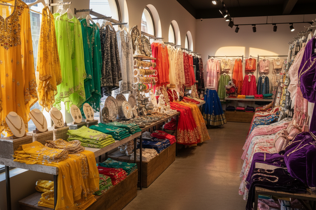 Vibrant retail display with festival-themed products arranged by Chaitra Navratri's traditional colors under natural and ambient lighting