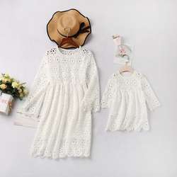 Pure white lace moda vestido da menina do bebê verão vestido de mãe e filha família roupas combinando