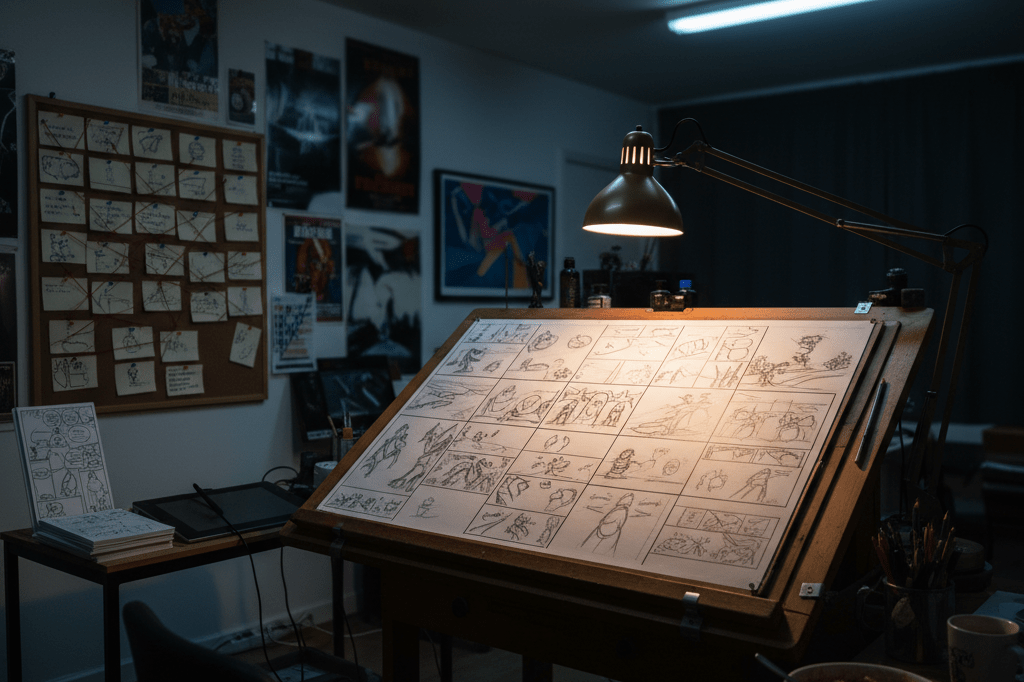 An animator's desk with scattered storyboards and index cards, showcasing creative process under natural indoor lighting