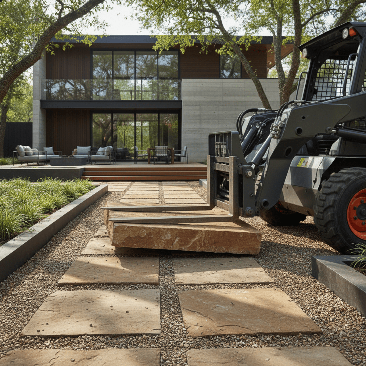 Skid steer with fork places stone pavers on gravel walkway, modern home background.