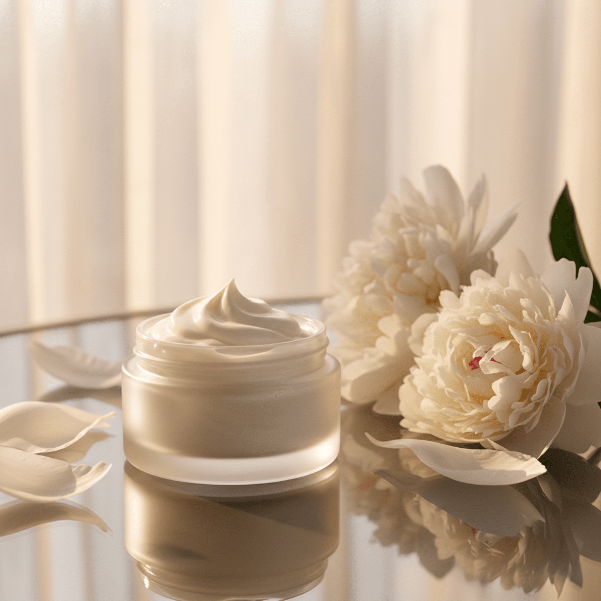 Light soufflé glutathione cream with fluffy peaks beside white peonies in golden hour light.