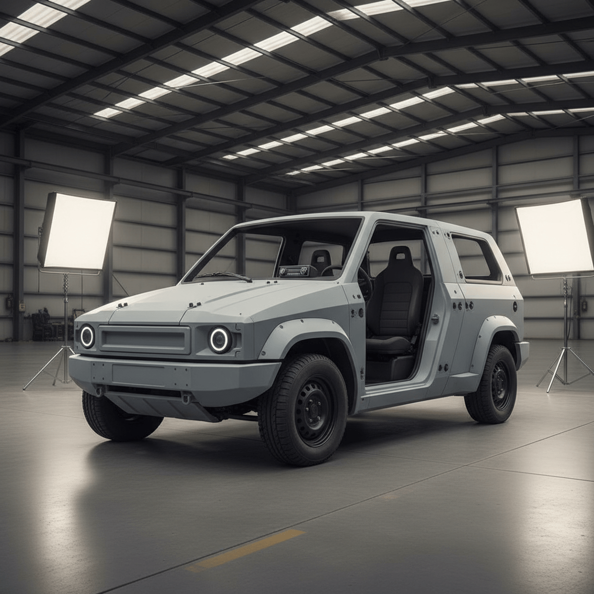 Affordable utility vehicle with matte grey exterior in a modern warehouse.