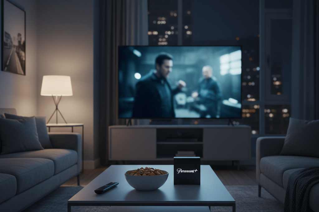Living room scene with a TV displaying streaming content, emphasizing multiplatform viewer engagement under warm ambient lighting