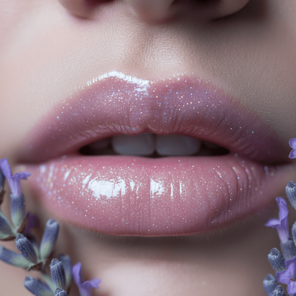 Macro shot of ethereal holographic lip gloss with pale pink and lavender tones.