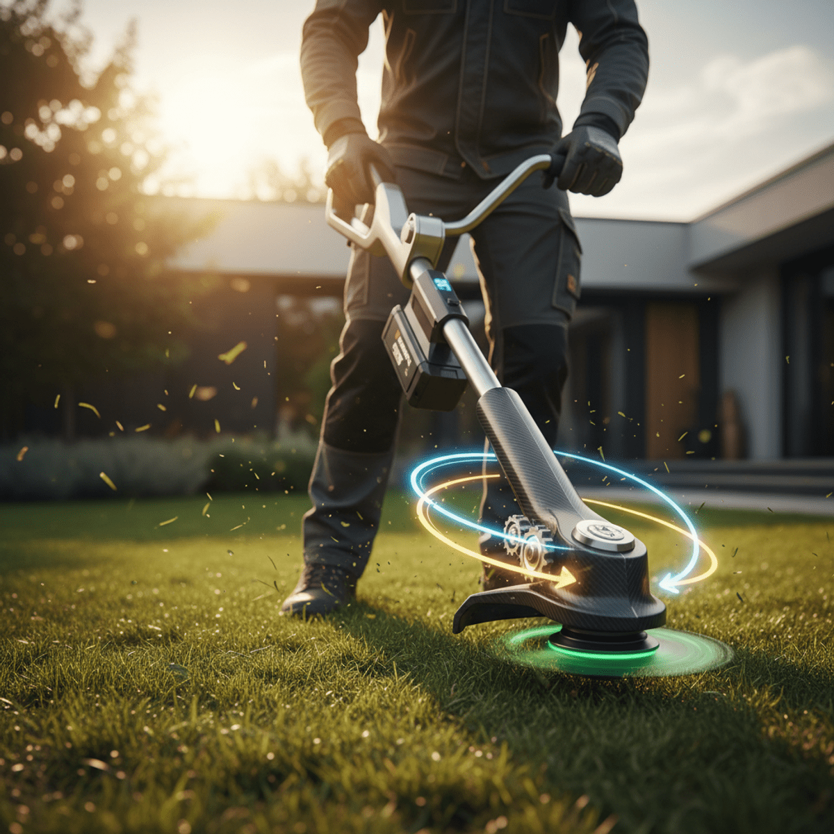 Landscaper uses a modern concept whipper snipper with regenerative braking.