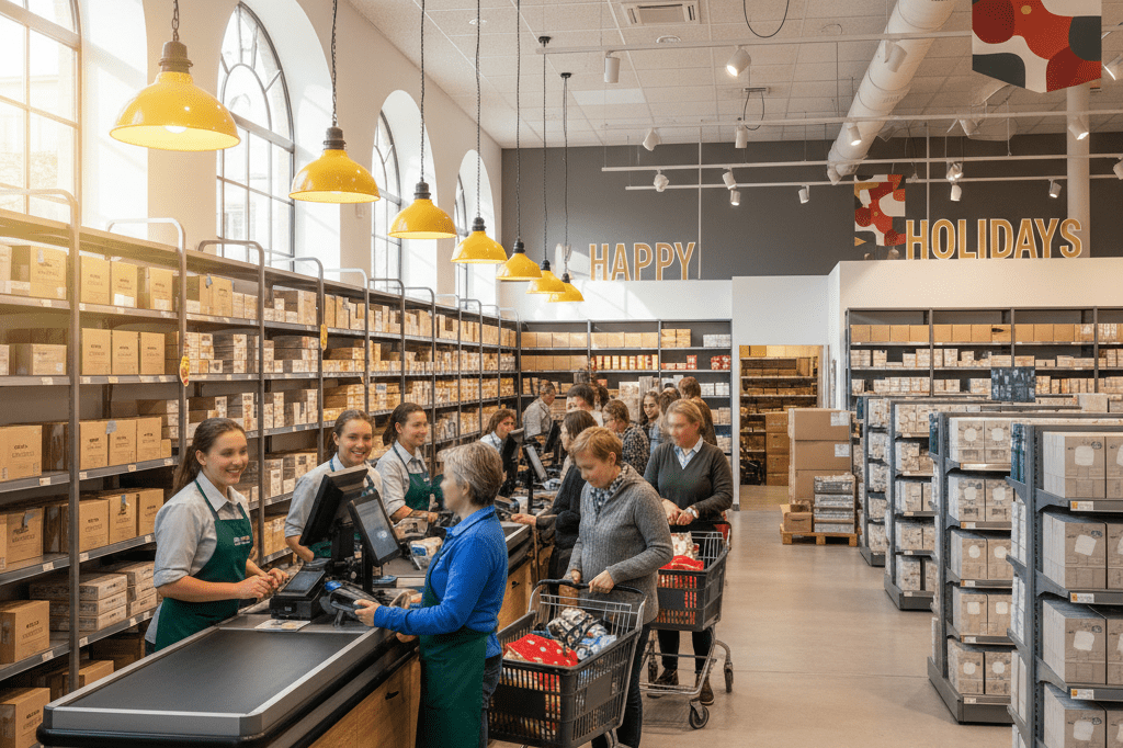 Bustling retail store with shoppers and stocked shelves under natural light, representing peak seasonal sales periods