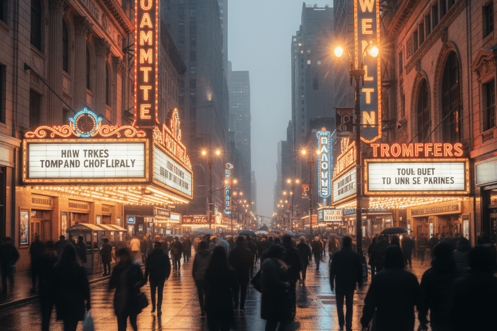 Wide-angle view of illuminated marquee signs and ticket lines in a lively Broadway theater area during evening hours.