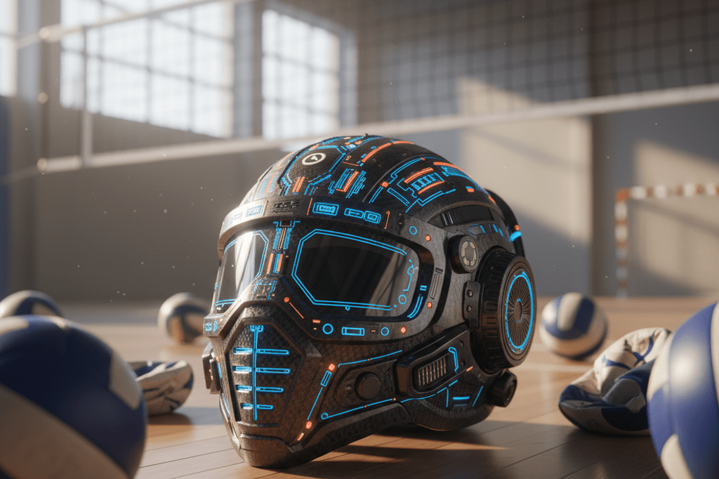 Close-up of high-tech protective helmet with sensors on a volleyball court, highlighting advancements in sports safety equipment.