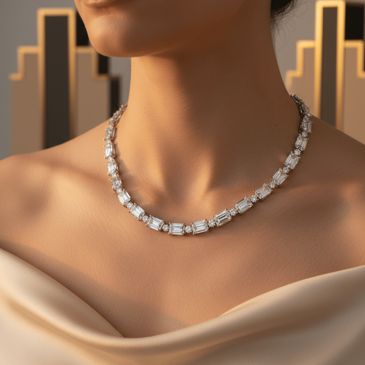 Elegant moissanite diamond chain on model's neck in Art Deco style.