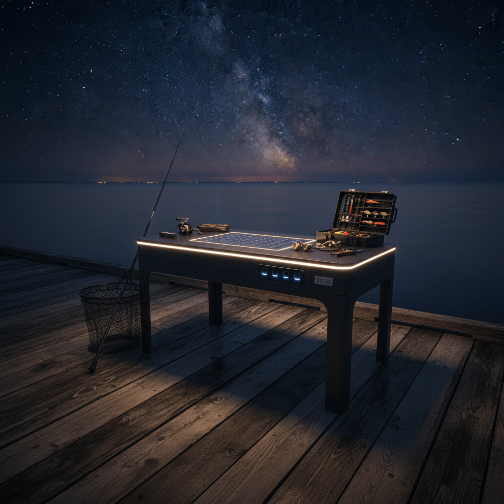 Futuristic matte black fishing table with solar panel and LEDs on a pier at night.
