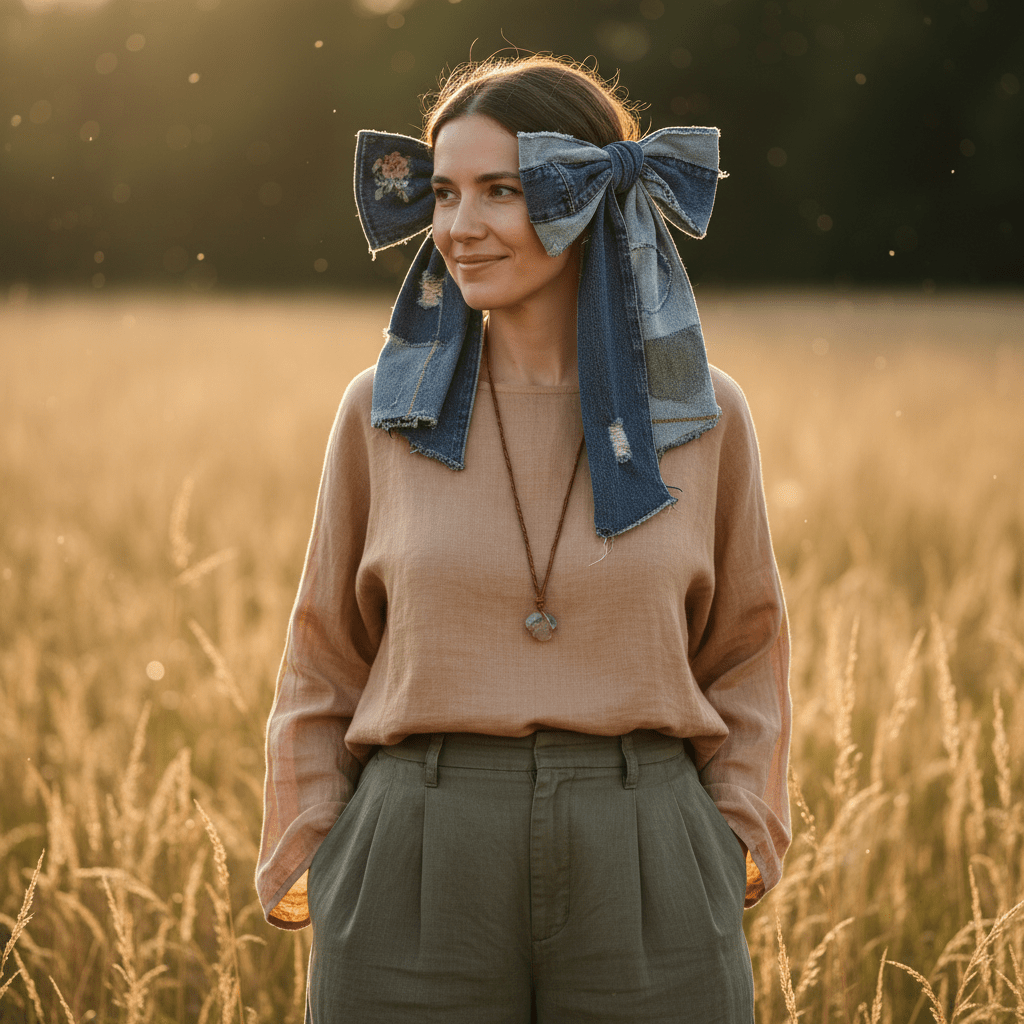Model with large, loose denim bows made from recycled jacket scraps in golden hour light.
