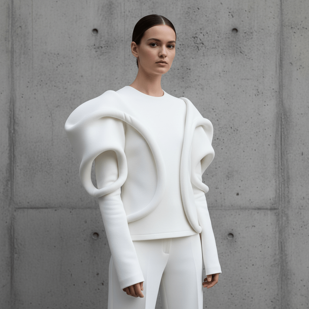 Avant-garde white blouse with exaggerated cloud sleeves, inspired by modern architecture.