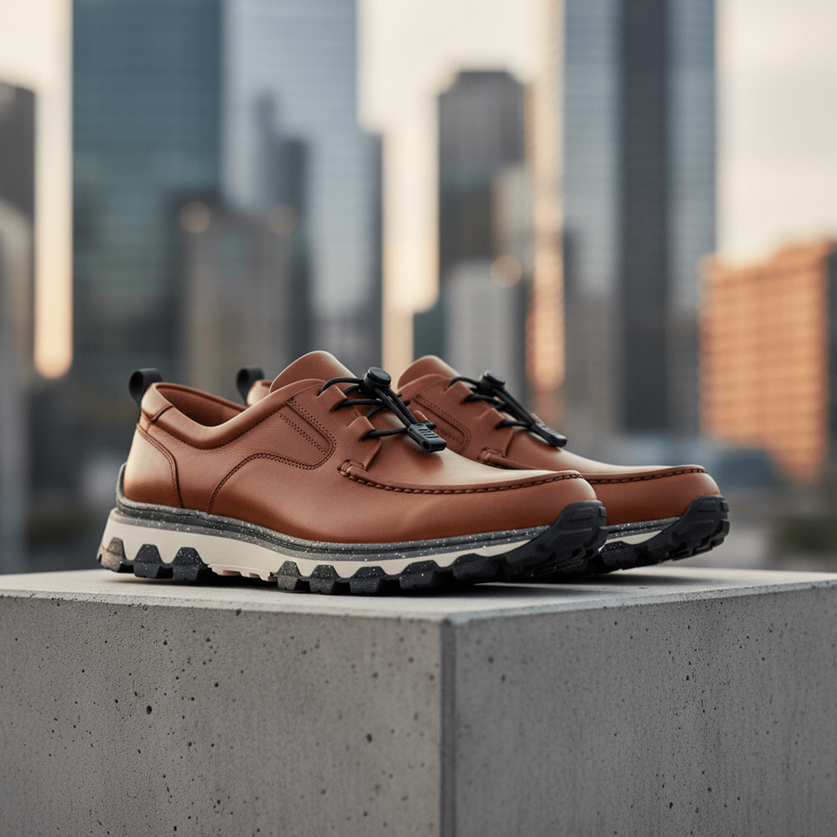 Sleek cognac leather tech loafers fused with rugged trail runner soles.