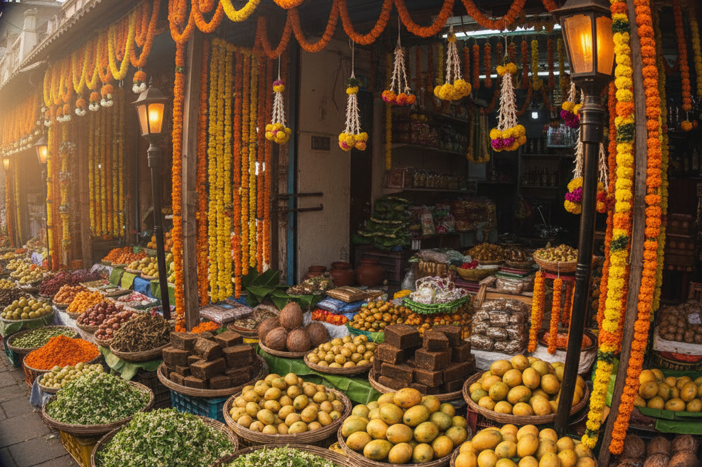 Colorful Ugadi market stall displaying seasonal flowers, fruits, and decorations under natural morning light