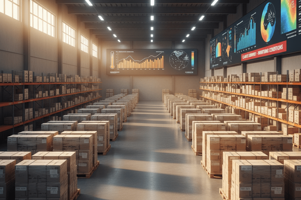 Modern warehouse with pallets of goods under natural light, digital screens showing generic climate data, emphasizing supply chain readiness