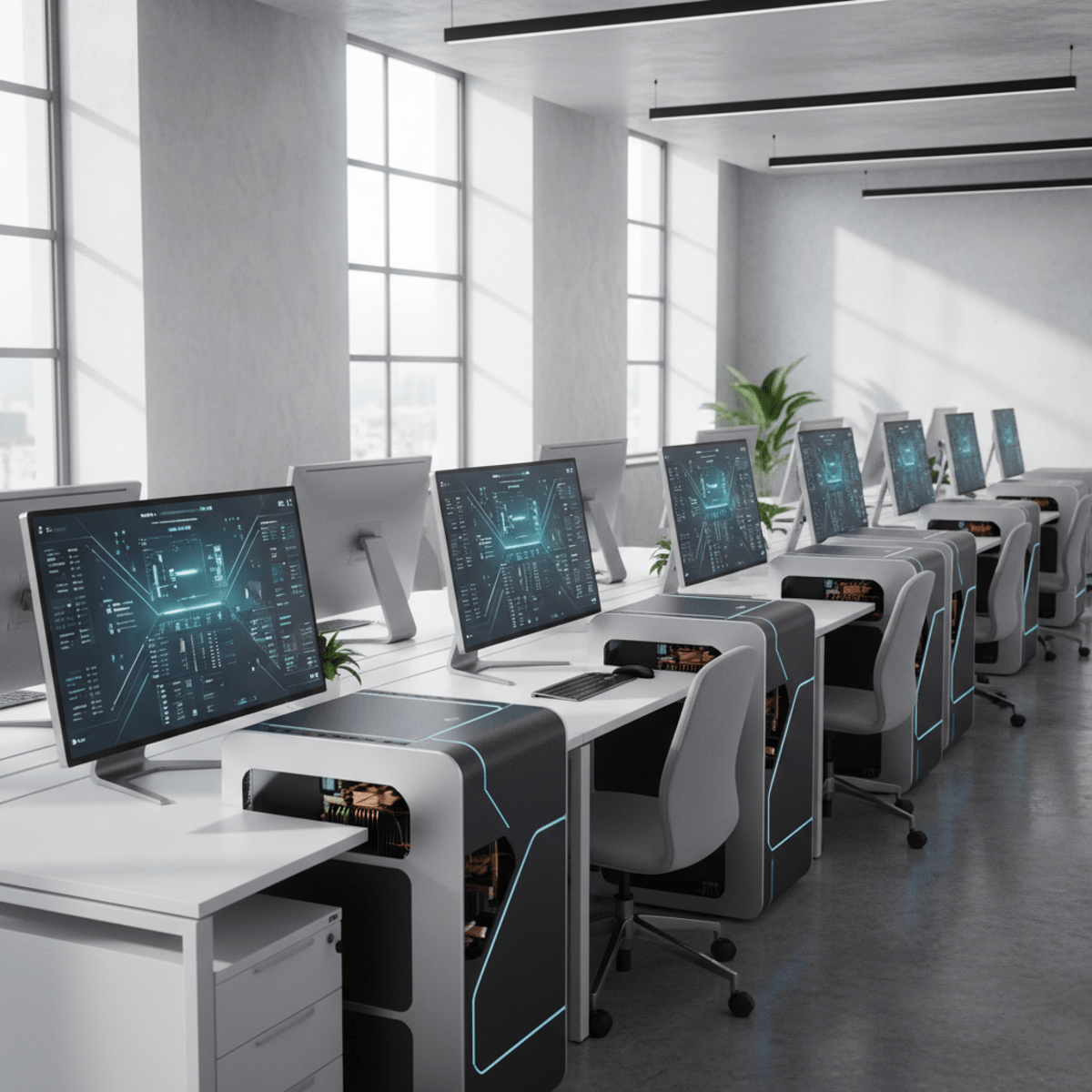 Modern corporate IT lab with multiple 27-inch 4K anti-glare AIO systems.