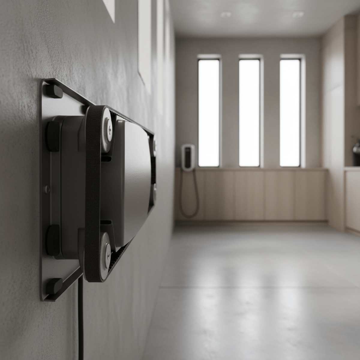 Detailed view of a modern wall-mounted garage door opener with belt drive.