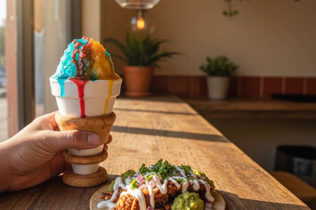 Authentic Puerto Rican piragua beside a Mexican Queso Taco on wooden counter, natural light, no people or branding