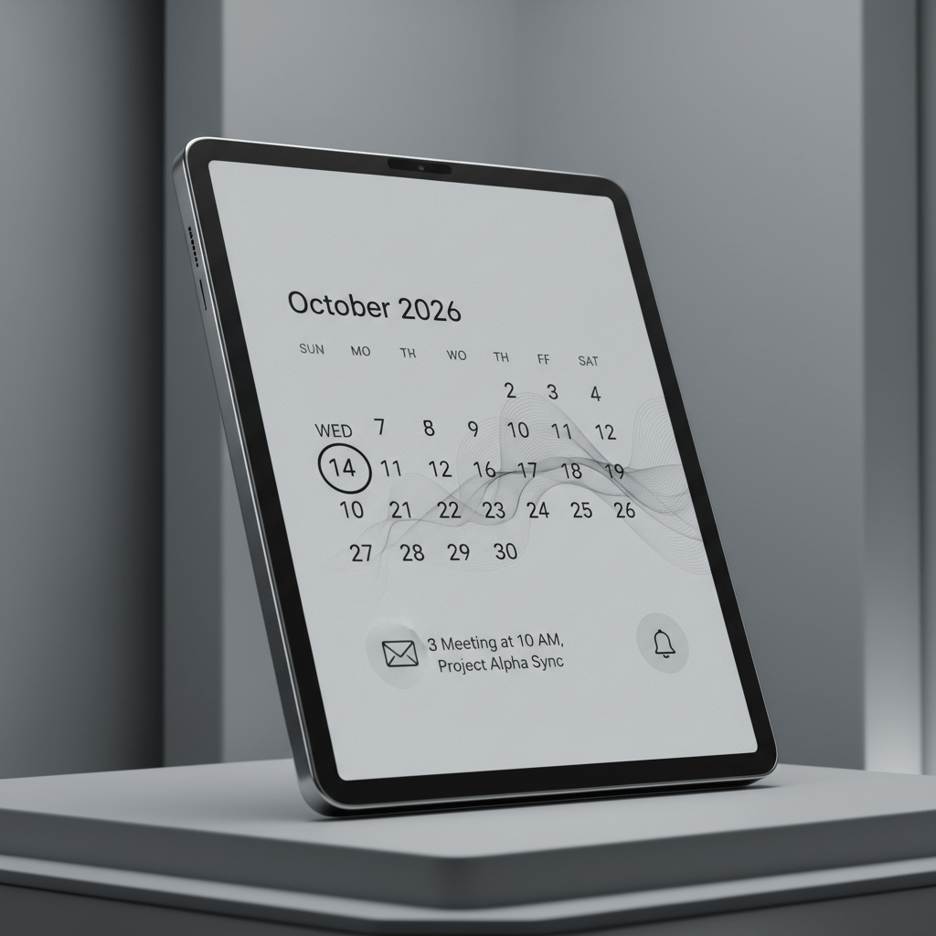 Futuristic folding tablet in 2026 with monochrome E-Ink calendar display.
