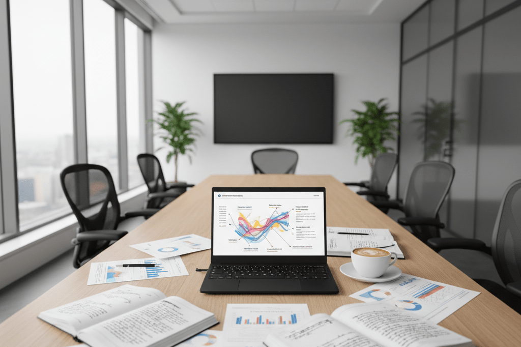 Wide shot of a conference table with laptop, notebooks, and coffee under natural light, representing strategic product announcement considerations