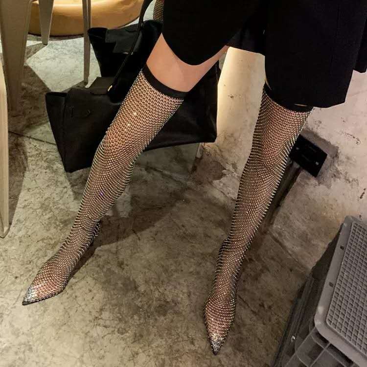 2021 Newest Colour Diamante Over The Knee Thigh High Long Sock Fishnet Cut Out Bling Bling Sequins Pointed Toe Boots