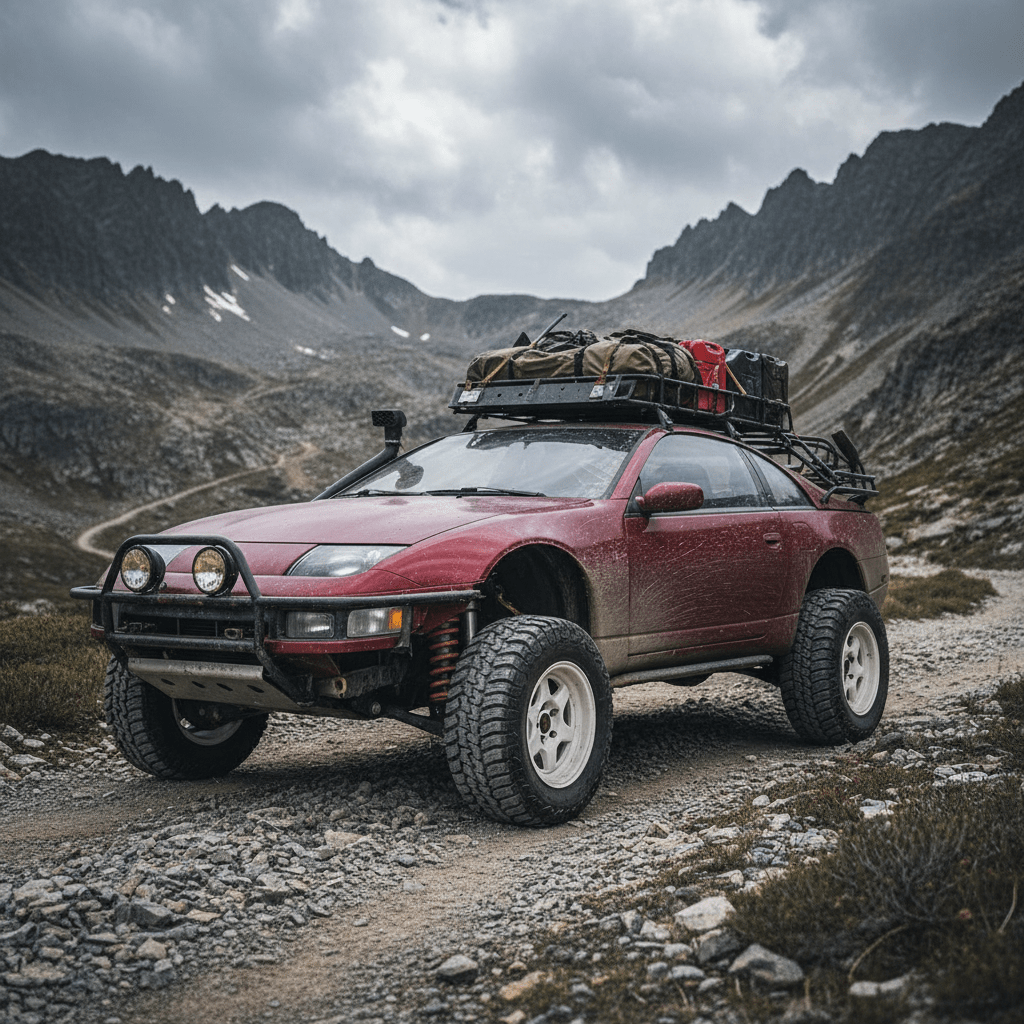 Modified 1990s sports car on a mountain trail with camping gear.