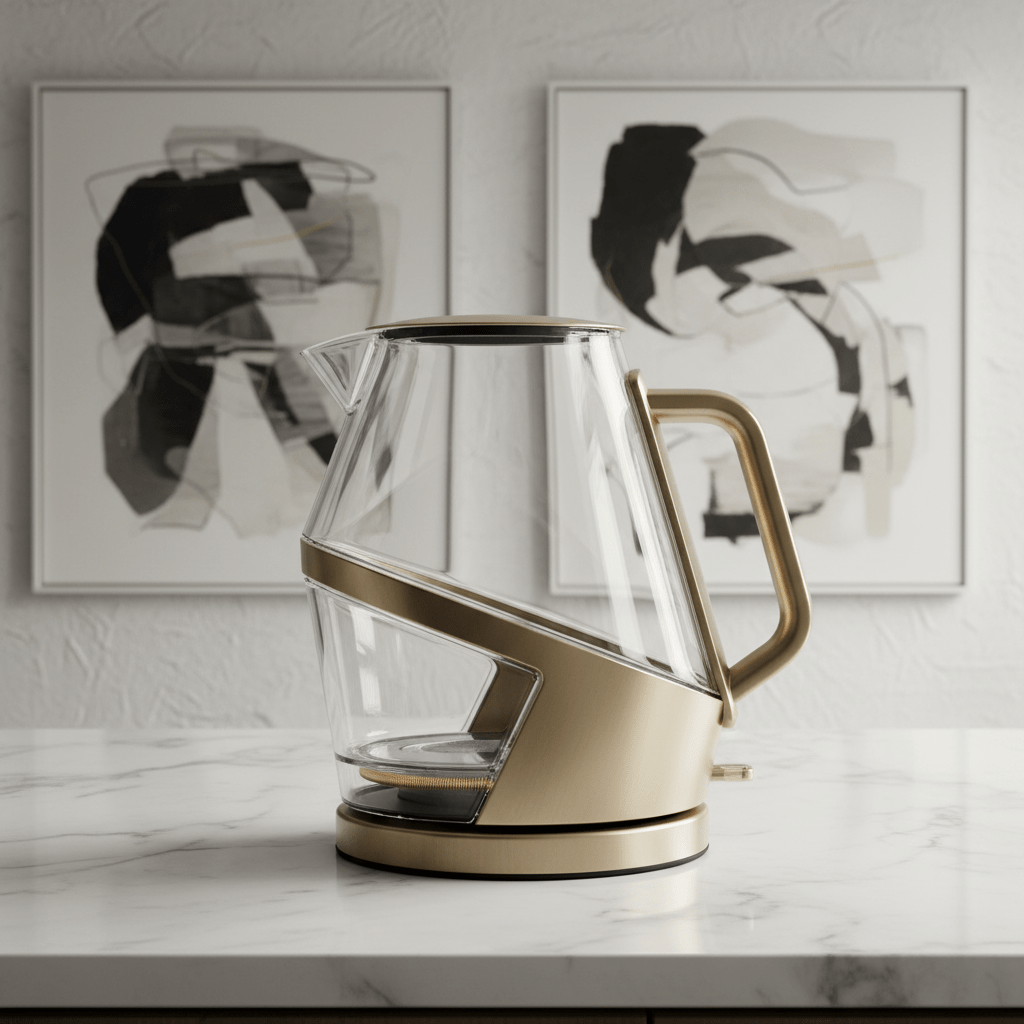 Modern electric glass tea kettle with angular geometry and gold accents on marble.