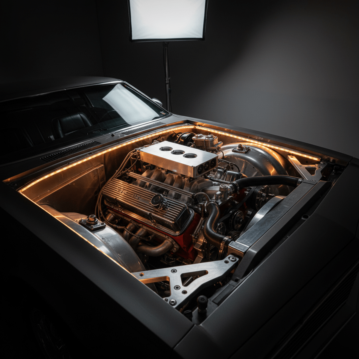 High-performance engine bay with machined aluminum brackets and precision components.
