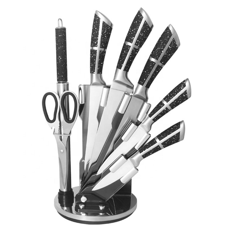 2021 Новый 8 шт. нержавеющая сталь TPR покрытие черного цвета в белый горошек с пустотелой ручкой хлеб шеф-повара кухонными ножами для салата Набор ножей с блока цилиндров