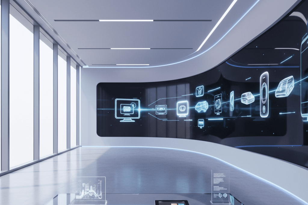 High-tech virtual showroom with digital displays and minimal decor under natural light, showcasing evolution beyond traditional TV