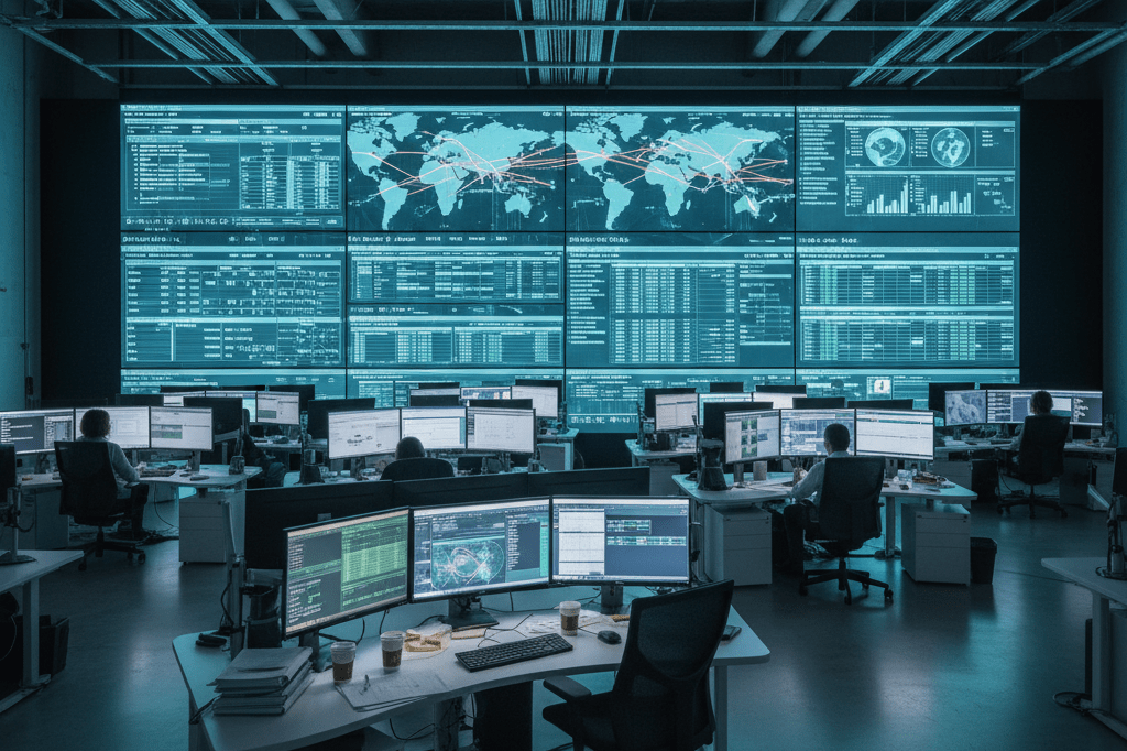Wide-angle view of logistics control room featuring digital screens for shipment tracking under warm ambient light
