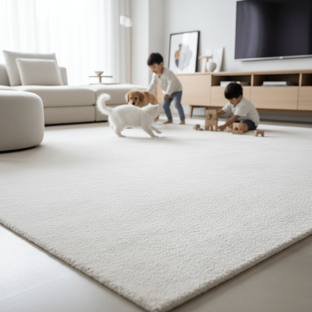 Pristine white carpet with luxurious texture in a modern family living room.