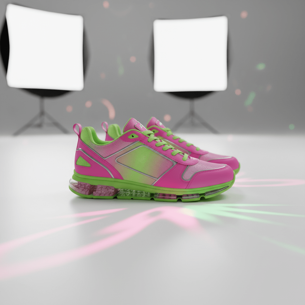 Futuristic pink and green sneakers with translucent sole and LED lights on a studio floor.