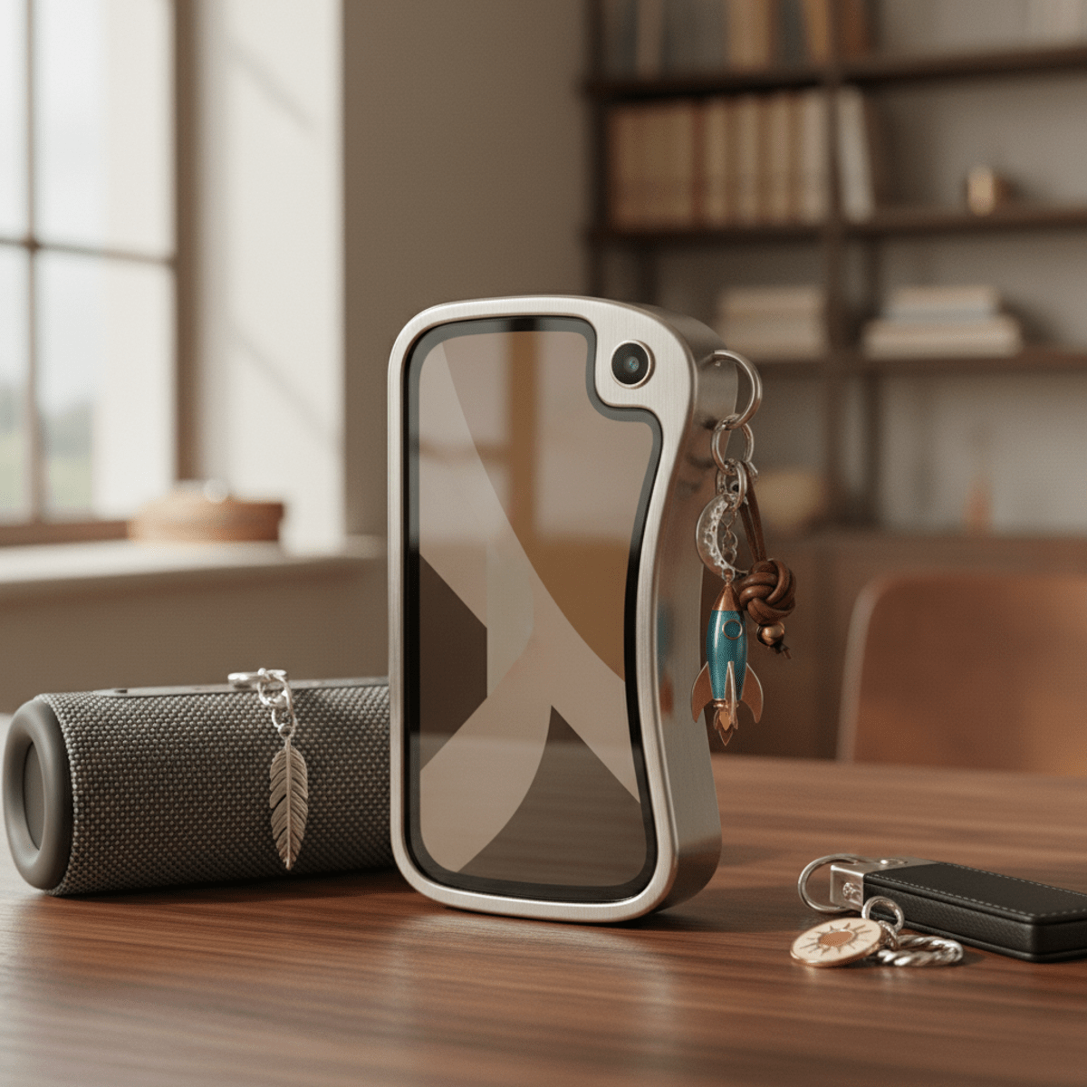 Retro phone with polished metal charm loop and artisan charms on a wooden desk.